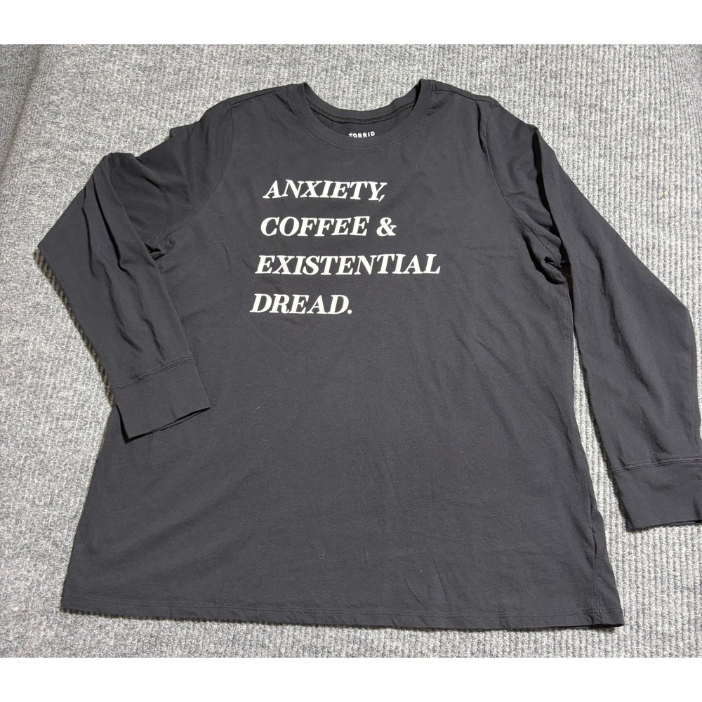 Torrid Womens 1 Long Sleeve Graphic Tee Black Anxiety Coffee Existential Dread